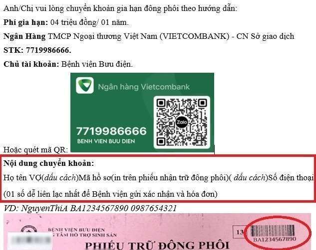 thông tin chuyển khoản phí dịch vụ trữ đông