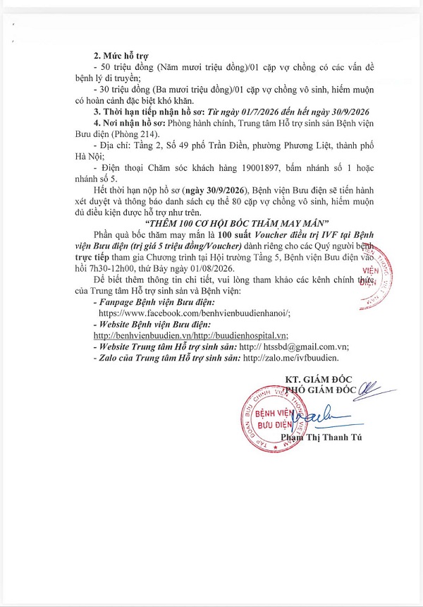 Thông báo chính thức: Hỗ trợ kinh phí cho 80 cặp vợ chồng vô sinh hiếm muộn có các bệnh lý về gen di truyền và có hoàn cảnh khó khăn làm thụ tinh ống nghiệm IVF tại IVF Bưu điện năm 2026 - ảnh 2