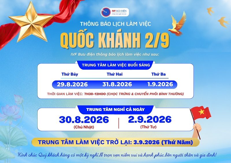 THÔNG BÁO LỊCH LÀM VIỆC QUỐC KHÁNH 2/9/2026 TẠI IVF BƯU ĐIỆN