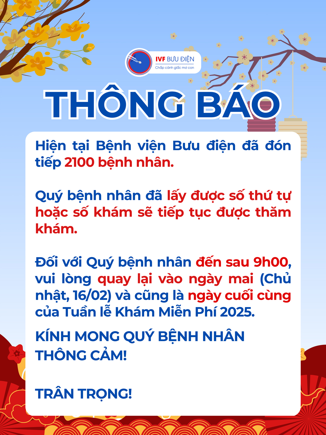 THÔNG BÁO: TẠM NGỪNG NHẬN ĐĂNG KÝ KHÁM MIỄN PHÍ MỚI NGÀY 15/02/2025