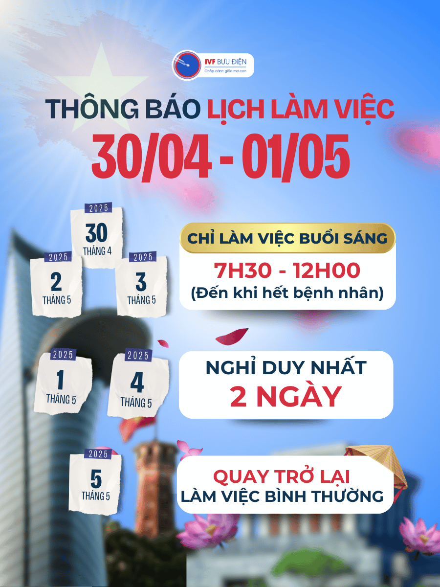 THÔNG BÁO LỊCH LÀM VIỆC 30/4/2025 – 1/5/2025 TẠI IVF BƯU ĐIỆN