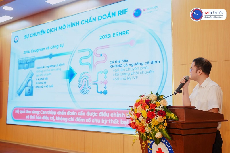 ThS.BS Phùng Ngọc Anh trình bày chuyên đề về vai trò của nội soi buồng tử cung trong điều trị thất bại làm tổ liên tiếp tại hội thảo khoa học